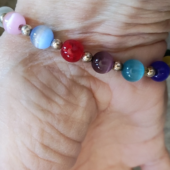 STERLING SILVER .925 CAT'S EYE/SOLID BEADED BREAST AWARENESS STRETCH BRACELET - Picture 3 of 8